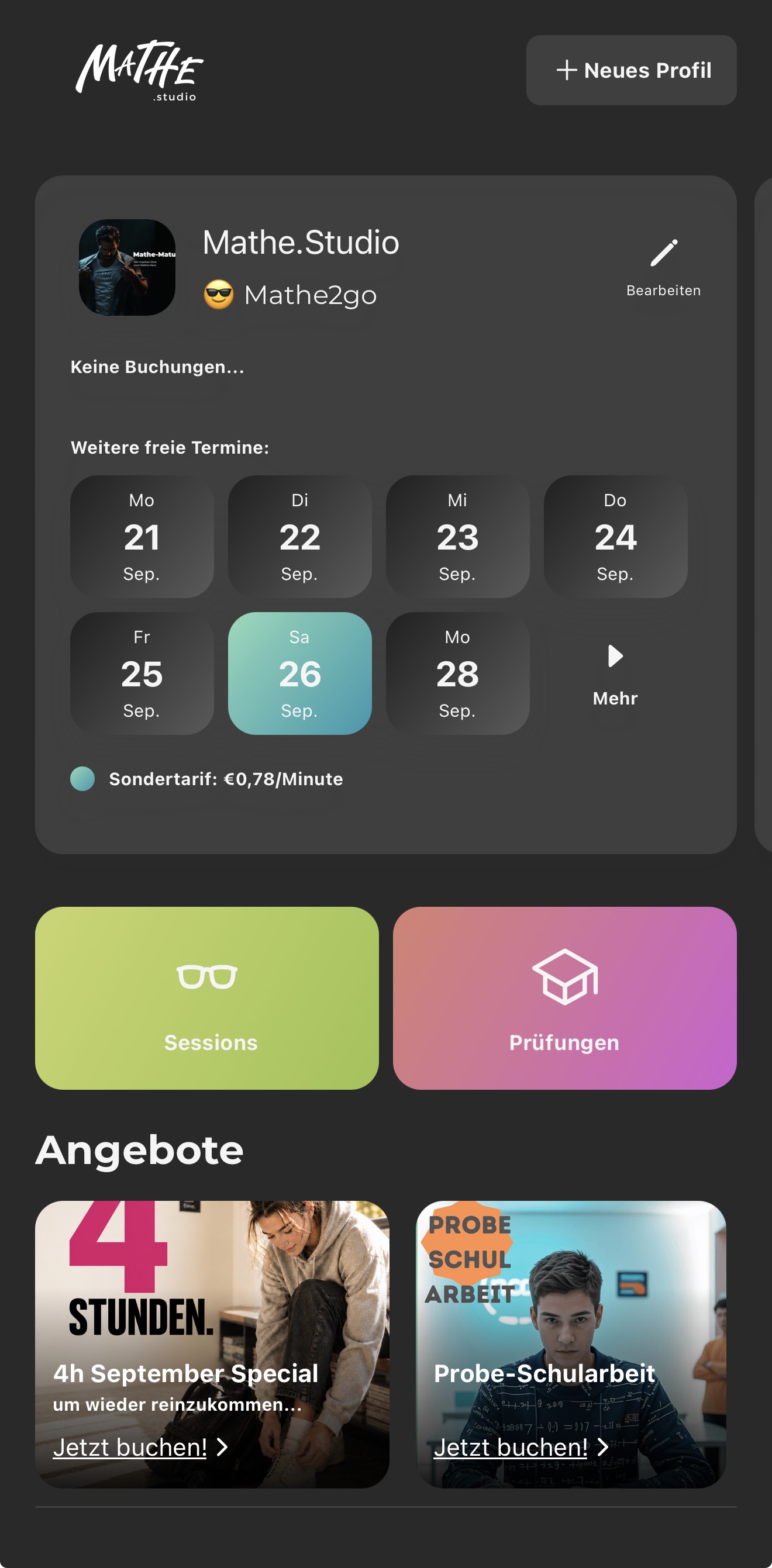 Mathe.Studio App mit Profil, freien Terminen, Sessions und Angeboten